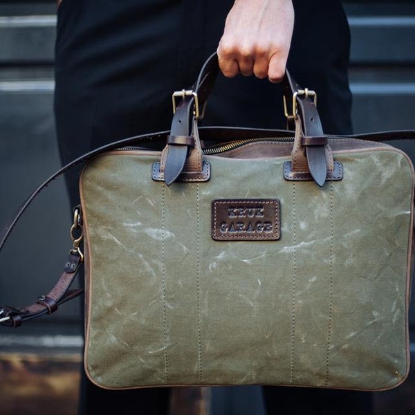 Waxed canvas briefcase Vintage canvas messenger bag Work bag man Laptop bag Father’s day gift