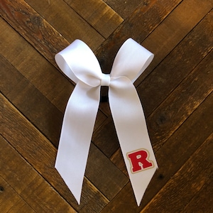 May include: White hair bow with a red letter "R" on one side.