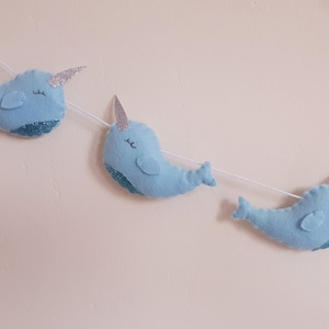 Felt Narwhal Garland, Nursery Decor, Ocean Theme Nursery, Baby Shower Gift, Undersea Decorations, Kids Room Garland, Baby Shower Decor