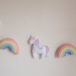 Rainbow and unicorn garland, unicorn garland, rainbow garland, rainbow, pastel nursery, pastel rainbow, unicorn, girls room, felt garland