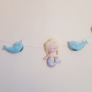 Mermaid and narwhal garland, mermaid garland, under the sea decor, girls room, pastel decor, bedroom accessories, ocean, sea themed, narwhal