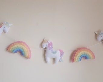 Rainbow and unicorn garland, unicorn garland, rainbow garland, rainbow, pastel nursery, pastel rainbow, unicorn, girls room, felt garland