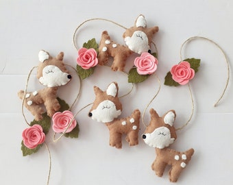 Woodland garland, deer and rose garland, wall hanging, girls nursery, deer, woodland nursery, girls woodland bedroom, enchanted forest, fawn