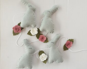 Rabbit garland, rabbit nursery, girls rabbit decor, felt garland, bunting, roses, bunny, girls bedroom, grey and pink, woodland nursery