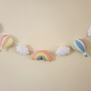 Hot Air Balloon Garland, Nursery Decor, Rainbow Decoration, Kids Wall Hanging, Clouds, Pastel Girls Room Decor, Baby Shower Decoration