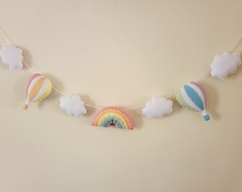 Hot Air Balloon Garland, Nursery Decor, Rainbow Decoration, Kids Wall Hanging, Clouds, Pastel Girls Room Decor, Baby Shower Decoration