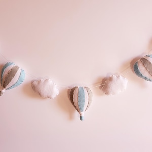 Hot air Balloon Garland, Boys Room Decoration, Kids Wall Hanging, Baby Gift, Cloud Themed Nursery, Boys Adventure Room, Blue and Grey Decor
