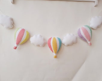 Hot air balloon garland, nursery decor, adventure, wall hanging, hot air balloon nursery, clouds, pastel, girls room, new baby gift, rainbow