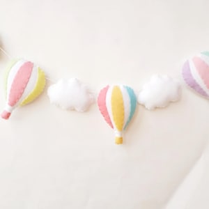 Hot air balloon garland, nursery decor, adventure, wall hanging, hot air balloon nursery, clouds, pastel, girls room, new baby gift, rainbow