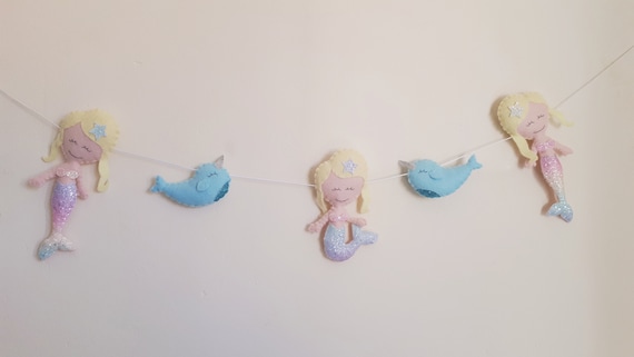 Mermaid and Narwhal Garland, Handmade Nursery Decor, Children’s Bedroom Garland, Underwater Theme Decor, Baby Room, Ocean Inspired Decor