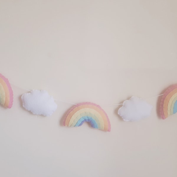 Rainbow and cloud garland, pastel rainbow, clouds, nursery decor, girls room, felt garland, rainbows, new baby gift, pastel, wall hanging