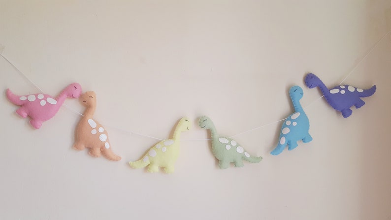 Dinosaur garland, pastel, felt garland, dinosaur decor, dinosaur, wall hanging, nursery, girls room, pastel, new baby gift, baby shower image 1