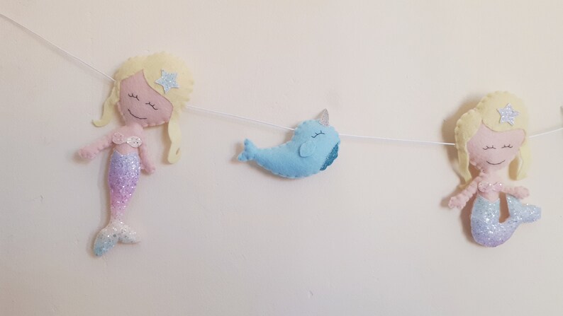 Mermaid and Narwhal Garland, Handmade Nursery Decor, Children’s Bedroom Garland, Underwater Theme Decor, Baby Room, Ocean Inspired Decor image 4