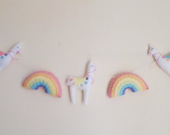 Llama garland, rainbow decor, new baby gift, llama gift, wall hanging, felt garland, nursery, girls room, pastel, baby shower gift, scandi
