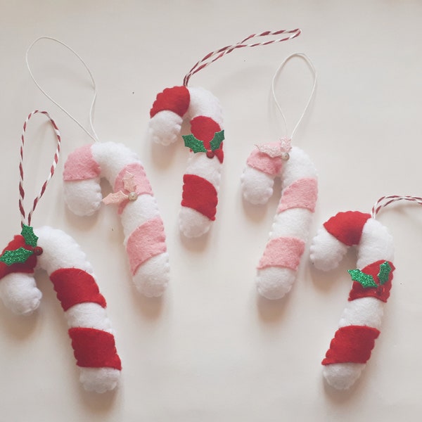 Décoration d'arbre de canne à sucre, sucre d'orge, décorations d'arbre en feutre, Noël, décoration à suspendre, décor de Noël, décor de Noël rouge, rayures