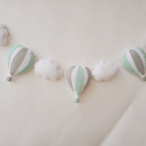 Hot air balloon garland, boys room, nursery decor, adventure, kids wall hanging, new baby gift, clouds, nursery, felt garland, mint, grey