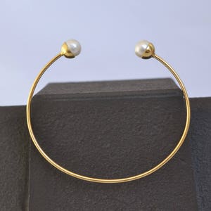 Dainty Pearl Cuff Bracelet Solid 18k Gold Bracelet Thin Gold Cuff Bracelet Minimal Gold Bangle Love Gold Bracelet June Birthstone Wedding image 2