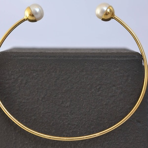 Dainty Pearl Cuff Bracelet Solid 18k Gold Bracelet Thin Gold Cuff Bracelet Minimal Gold Bangle Love Gold Bracelet June Birthstone Wedding image 4