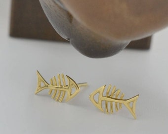 Fish Bone Stud Earrings 18k Solid Gold Studs Ocean Studs Everyday Earrings Best Friend Studs Single Stud Earring Zodiac Jewelry Handmade
