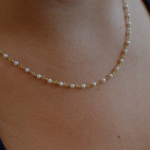 Rosenkranz Weiße Perlen Halskette Solid 18k Gold Halskette Rosenkranz Goldkette Zarte Perle Schmuck Frau Hochzeit Rosenkranz Juni Birthstone Handmade