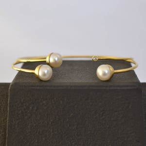 Dainty Pearl Cuff Bracelet Solid 18k Gold Bracelet Thin Gold Cuff Bracelet Minimal Gold Bangle Love Gold Bracelet June Birthstone Wedding image 3