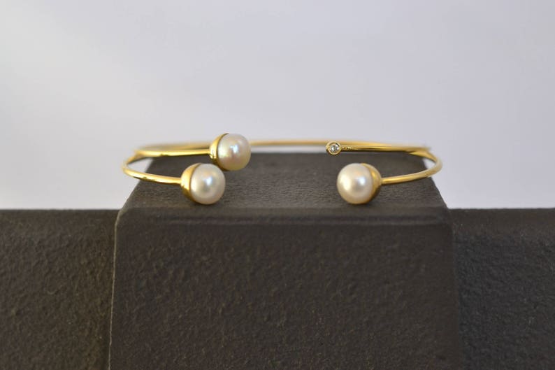 Dainty Pearl Cuff Bracelet Solid 18k Gold Bracelet Thin Gold Cuff Bracelet Minimal Gold Bangle Love Gold Bracelet June Birthstone Wedding image 3