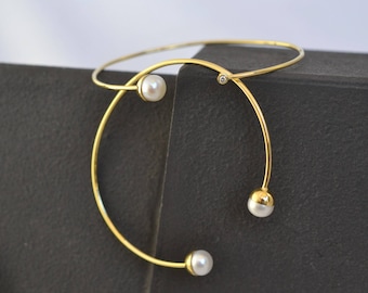 Dainty Pearl Cuff Bracelet Solid 18k Gold Bracelet Thin Gold Cuff Bracelet Minimal Gold Bangle Love Gold Bracelet June Birthstone Wedding