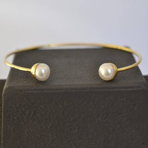 Dainty Pearl Cuff Bracelet Solid 18k Gold Bracelet Thin Gold Cuff Bracelet Minimal Gold Bangle Love Gold Bracelet June Birthstone Wedding image 5