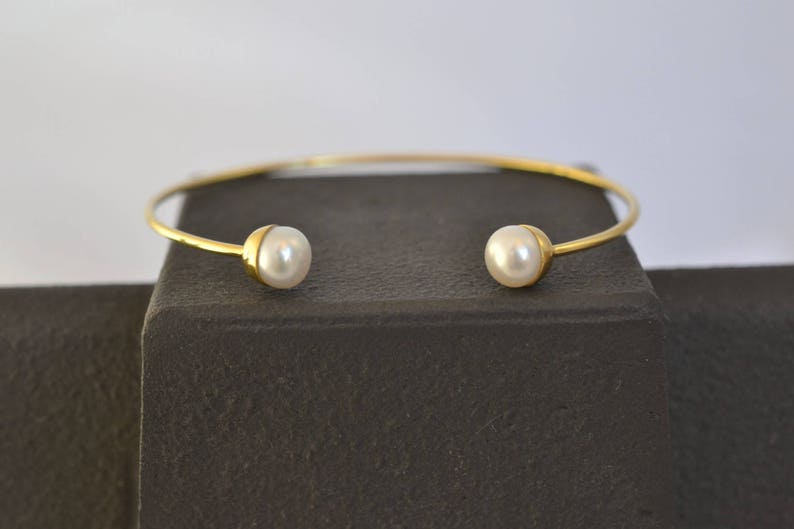 Dainty Pearl Cuff Bracelet Solid 18k Gold Bracelet Thin Gold Cuff Bracelet Minimal Gold Bangle Love Gold Bracelet June Birthstone Wedding image 5