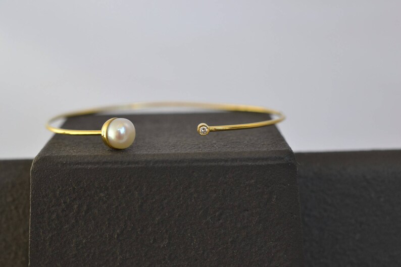 Dainty Pearl Cuff Bracelet Solid 18k Gold Bracelet Thin Gold Cuff Bracelet Minimal Gold Bangle Love Gold Bracelet June Birthstone Wedding image 9