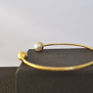 Dainty Pearl Cuff Bracelet Solid 18k Gold Bracelet Thin Gold Cuff Bracelet Minimal Gold Bangle Love Gold Bracelet June Birthstone Wedding image 7