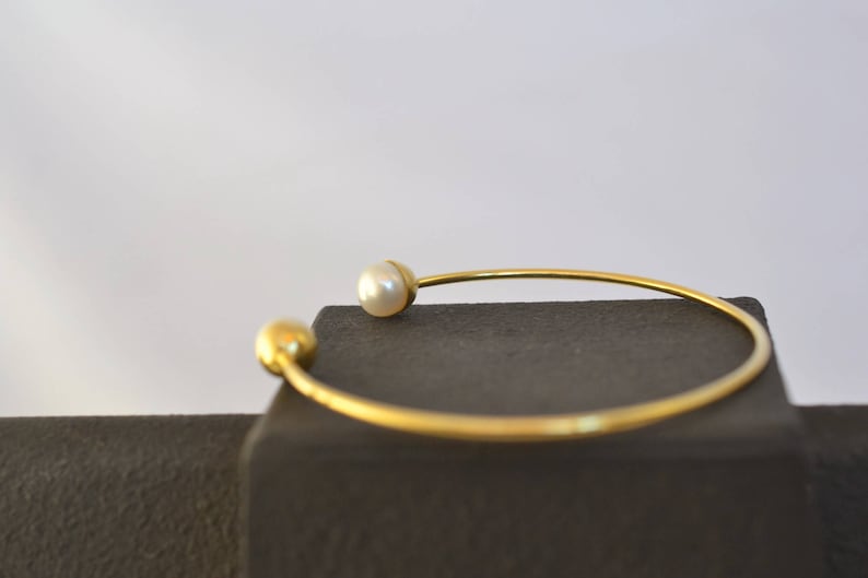 Dainty Pearl Cuff Bracelet Solid 18k Gold Bracelet Thin Gold Cuff Bracelet Minimal Gold Bangle Love Gold Bracelet June Birthstone Wedding image 7