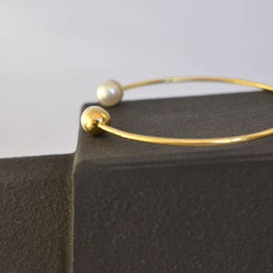 Dainty Pearl Cuff Bracelet Solid 18k Gold Bracelet Thin Gold Cuff Bracelet Minimal Gold Bangle Love Gold Bracelet June Birthstone Wedding image 8