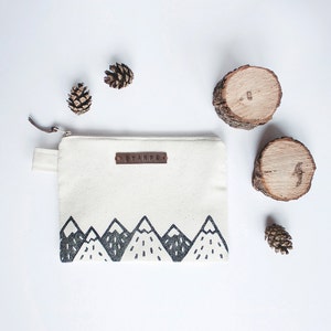 Mountain Zipper Jewelry Pouch, Pencil Case, Purse, Cosmetic bag with handmade print