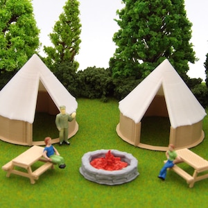Yurt Tent Camping - HO Scale Scenery, 2 Tents, 2 Picnic Tables and Fire Pit