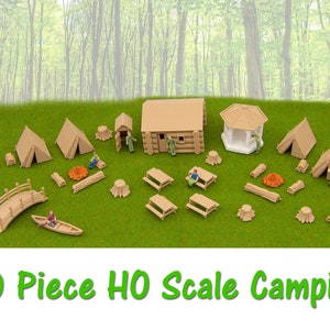 30 piece HO Scale Camping Set Log Cabin, Gazebo, Outhouse & MORE! Perfect addition to your railway hobbyist layout.