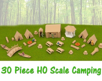 30 piece HO Scale Camping Set Log Cabin, Gazebo, Outhouse & MORE! Perfect addition to your railway hobbyist layout.