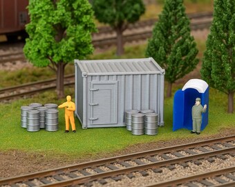 HO Scale Construction Scene - Tool Shed, Porta Potty, 20 Barrels - 3D Model Railroad Accessories