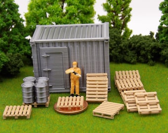 HO Scale Wooden Pallets to scale! - 12 Pack PLUS Steel Shed - Highly Detailed Train Scenery