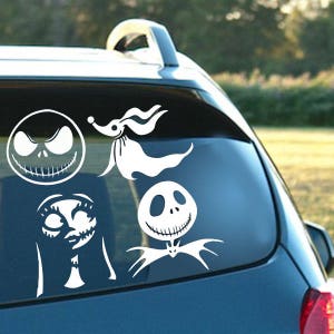 May include: White vinyl decals featuring characters from The Nightmare Before Christmas. Includes Jack Skellington's face, Zero the ghost dog, Sally, and Jack in a bat-wing suit. Applied to a car window.