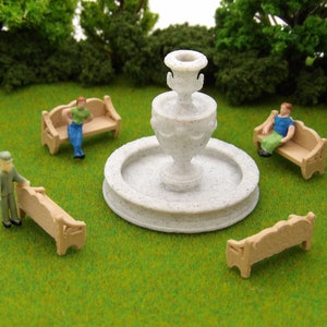 5 pc Roman Fountain Set - HO Scale Marble Fountain with 4 Wooden Benches