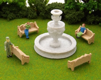 5 pc Roman Fountain Set - HO Scale Marble Fountain with 4 Wooden Benches