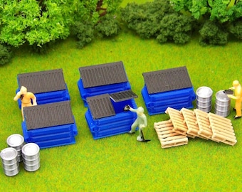 Dumpsters, Pallets & 55 Gallon Drums -> 5 of each item! <- HO Scale scenery trash accessories. Railroad Train Layout Scenery Diorama