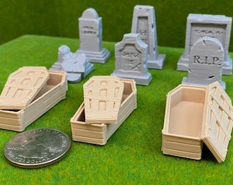 O Scale 3D Printed Graveyard Set – 6 Tombstones & 3 Coffins – Diorama, Railroad Scary Train
