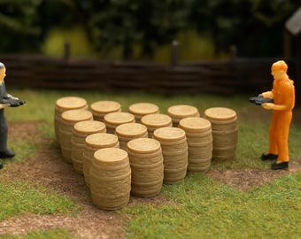 Crate & Barrel Set - 13 Crates - 20 Barrels - HO Scale Train Scenery Construction. 1:87 scale model railroad diorama accessory.