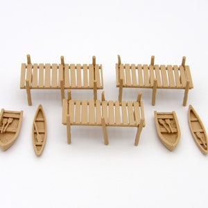 HO Scale Two Rowboats and Two Canoes with Paddles, PLUS Three Dock Sections with Posts – 3D Printed in Matte Light Brown