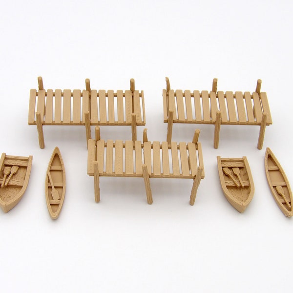 HO Scale Two Rowboats and Two Canoes with Paddles, PLUS Three Dock Sections with Posts – 3D Printed in Matte Light Brown