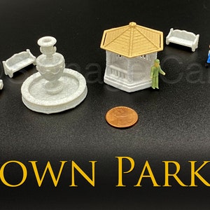 6 pc Town Park HO Scale 3D Print - Marble Fountain, 4 Marble Benches, and a Gazebo make this the perfect Model Railroad Train Scenery