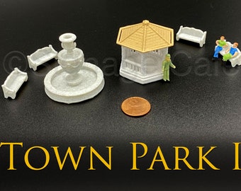 6 pc Town Park HO Scale 3D Print - Marble Fountain, 4 Marble Benches, and a Gazebo make this the perfect Model Railroad Train Scenery