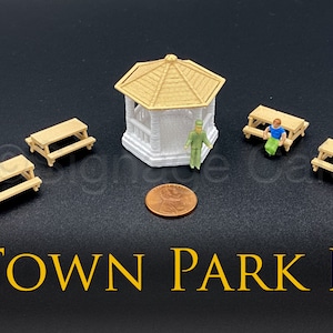 5 pc Town Park HO Scale 3D featuring a Gazebo and Picnic Tables. Perfect for Model Railroad Train Scenery